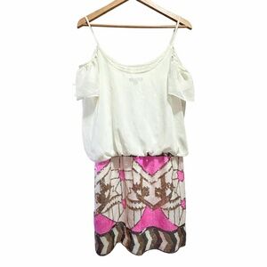 Chiffon Cold Shoulder Sequin Mini Dress White Pink & Gold Medium Cocktail Glam